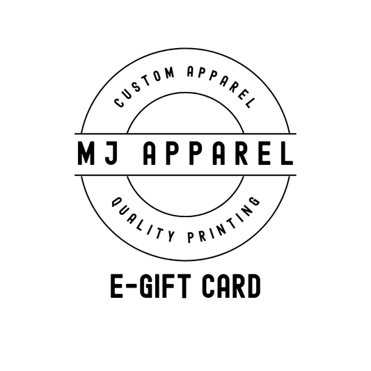 Give the gift of choice with MJ Apparel's E-Gift Card!  Perfect for any occasion, our digital voucher lets recipients shop our trendy apparel collections from the comfort of home. Whether it's custom or a predesigned graphic t-shirt, they'll find the perfect fit with just a few clicks